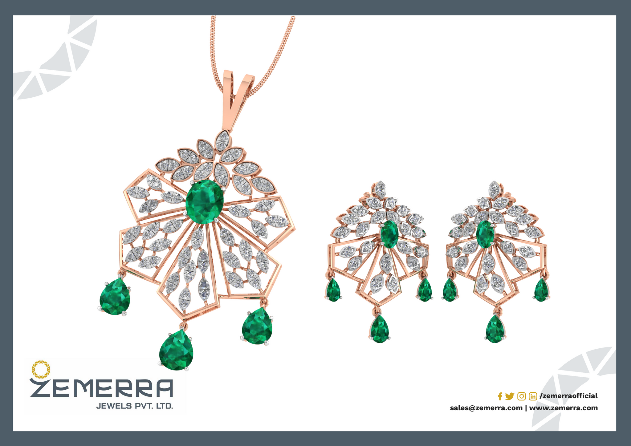 Dizzling 14k Rose Gold Green Stone Diamond Pendant Sets Sarafa Bazar India