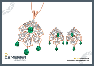 Dizzling 14k Rose Gold Green Stone Diamond Pendant Sets Sarafa Bazar India