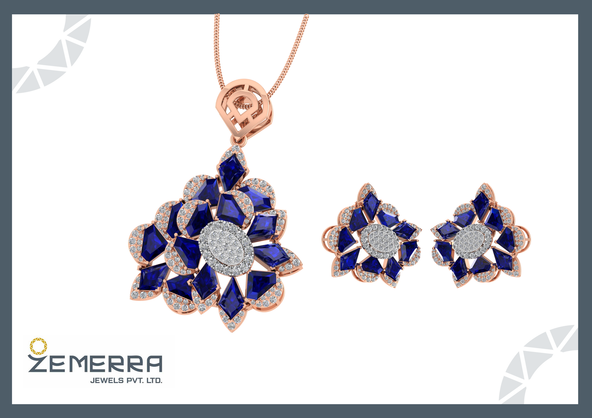 14K Rose Gold Diamond Pendent Set With Blue Stone Sarafa Bazar India