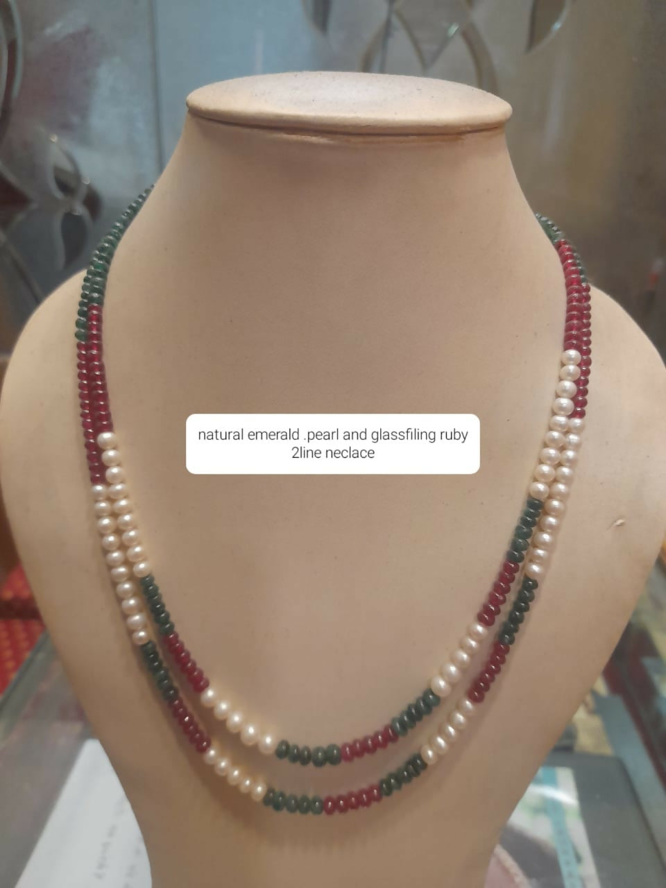 Natural Emerald Peral & Glassfiling Ruby 2 Line Necklace Sarafa Bazar India