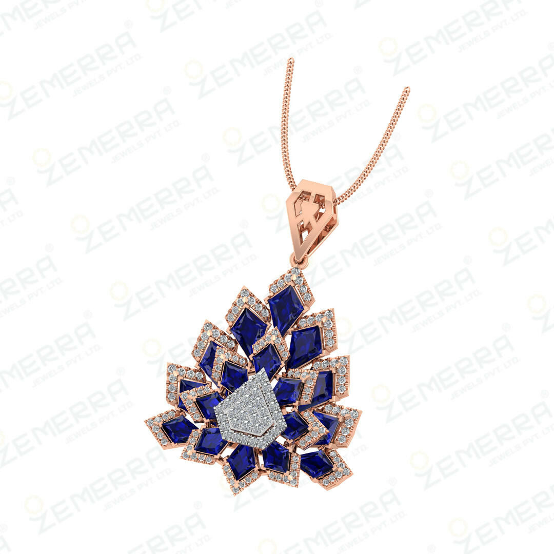 14K Rose Gold Diamond Pendant Set With Blue Stone Sarafa Bazar India