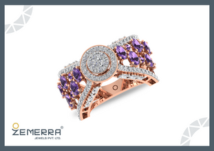 Modern 14K Gold Diamond Oval Amethyst Stone Halo Ring Sarafa Bazar India