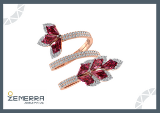 14K Gold Diamond Floral Ruby Wrap Leaf Open Band Ring Sarafa Bazar India