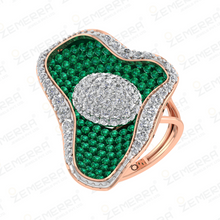 14K Rose Gold Geometric Layered Green Stone Diamond Ring Sarafa Bazar India