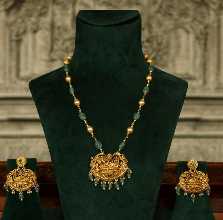 Silver Antique Temple Chain Pendant Set Sarafa Bazar India