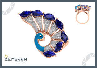 14K Rose Gold Peacock Ring with Diamonds & Blue Stones Sarafa Bazar India