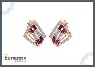 14K Rose Gold Geometric Layer Diamond Ruby Stud Earring Sarafa Bazar India