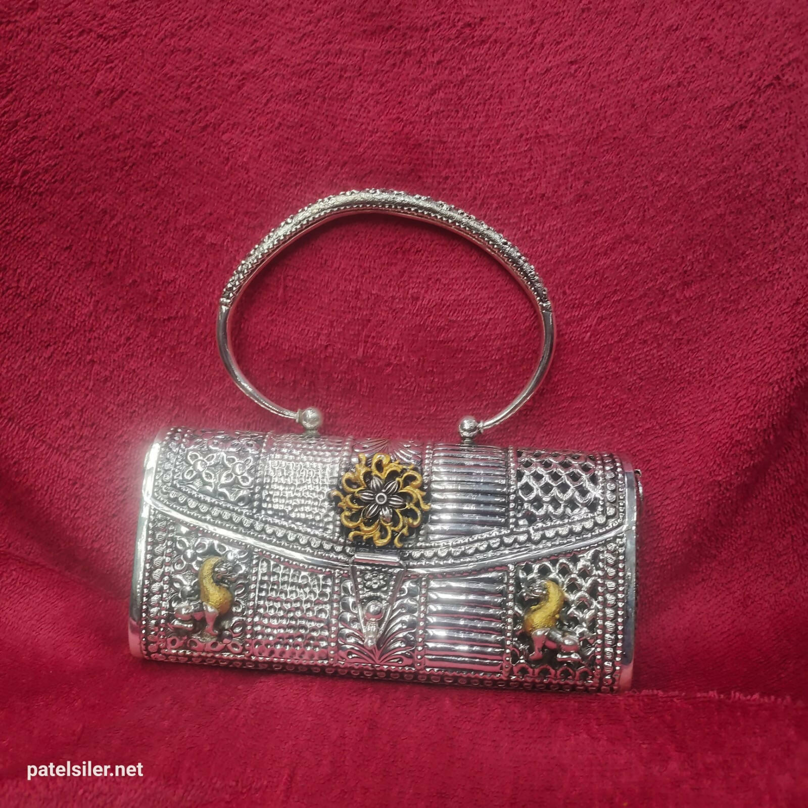 Silver Plated Brass Bag, Silver Look Alike Bag, Floral Detailed Handcarved  Brass Bag With Handle