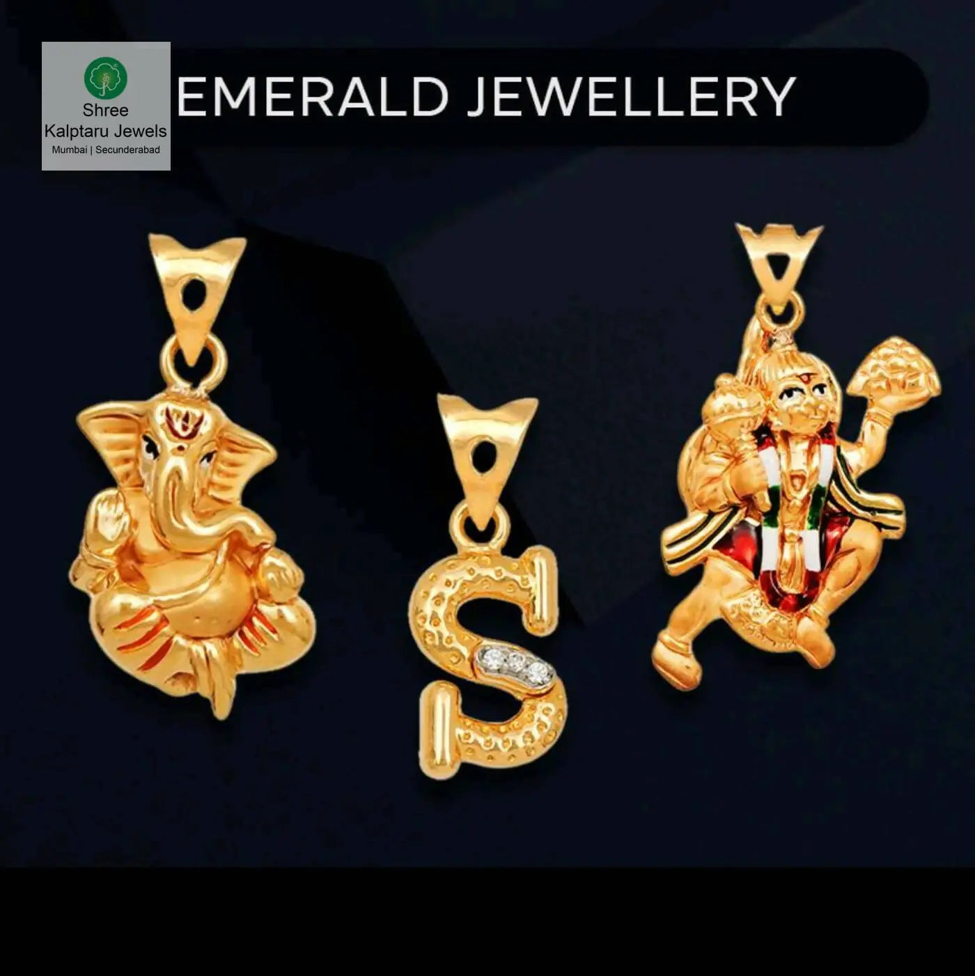 18kt Hollow Emerald God & Alphabet Pendants Sarafa Bazar India